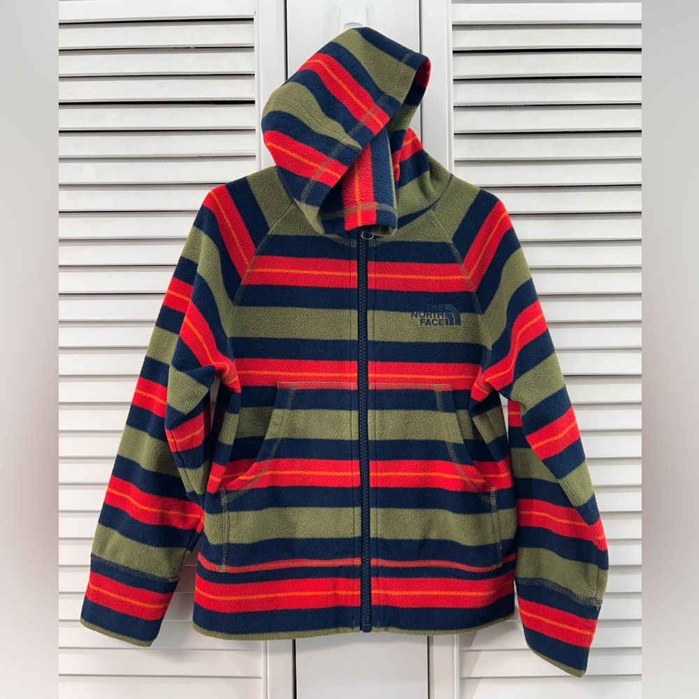 The North Face Red and Blue size Xs 5 Striped Fleece hooded zip up jacket